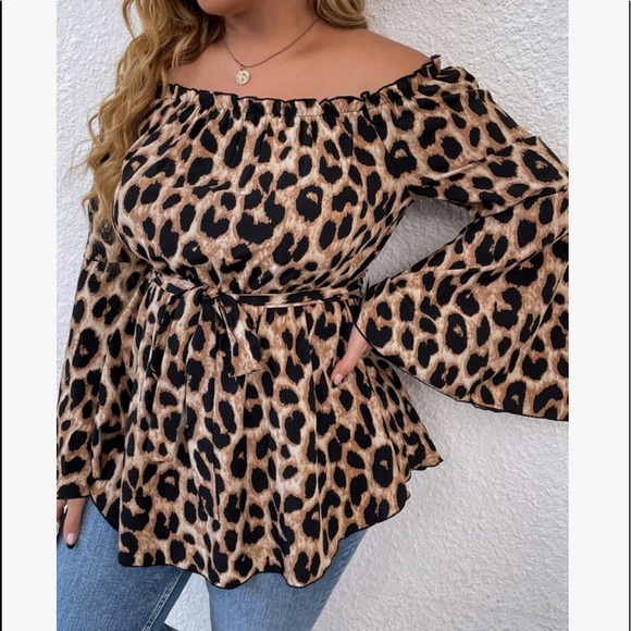 Boho Plus Size Leopard Print Off Shoulder Bell Sleeve Belted Top Blouse - Picture 6 of 6